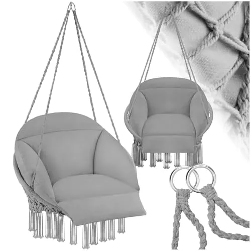 TecTake® Hängesessel mit Kissen und Quasten – Boho Hängekorb für Garten und Wohnzimmer - Hängesessel für Indoor und Outdoor, faltbar und mit dickem Kissen für optimalen Komfort. Perfekt für entspannte Stunden im Garten oder Wohnzimmer.