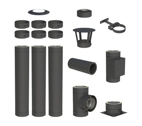 Jeremias Schornstein Komplettset 3,8 m Ø130 mm DW-Black - Hochwertiges 3,8 m Schornstein-Komplettset Ø 130 mm für die sichere Bodenmontage. Aus robustem Edelstahl mit 25 mm Dämmung, inklusive aller notwendigen Komponenten für einen einfachen und zuverlässigen Aufbau.