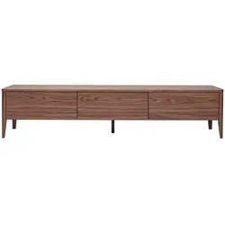 Vintage TV-Möbel BENJA mit Walnuss-Finish und 3 Schubladen - Elegantes TV-Möbel BENJA (B180 cm) im Vintage-Stil mit 3 geschlossenen Fächern und durchdachtem Push-Pull-System. Ideal für eine stilvolle Wohnzimmereinrichtung!