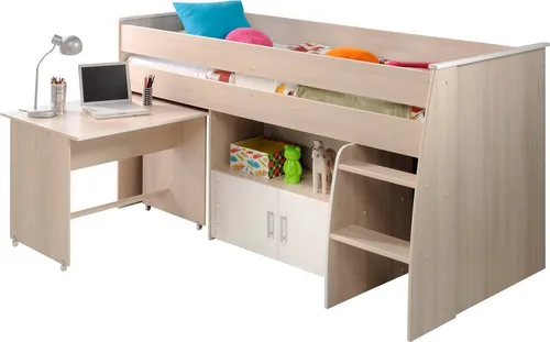 Hochbett PARISOT "Charly" – Weiß mit Schreibtisch - Jugendzimmer-Set mit ausziehbarem Schreibtisch auf Rollen und praktischer Türenkommode, perfekt für kleinen Raum und maximale Funktionalität.