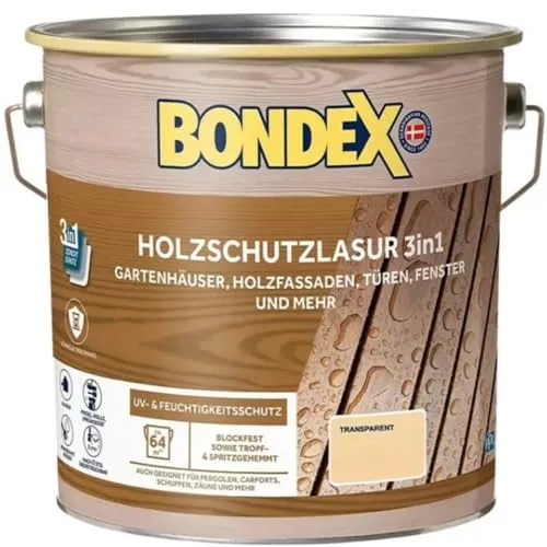 Bondex Holzschutzlasur 3in1 außen, 4L - UV- & Feuchtigkeitsschutz für langlebigen Holzschutz - Farben & Lacke: Die Bondex Holzschutzlasur 3in1 bietet Filmschutz, Grundierung und Endbeschichtung in einem, ideal für den Außeneinsatz mit exzellentem UV- und Feuchtigkeitsschutz.