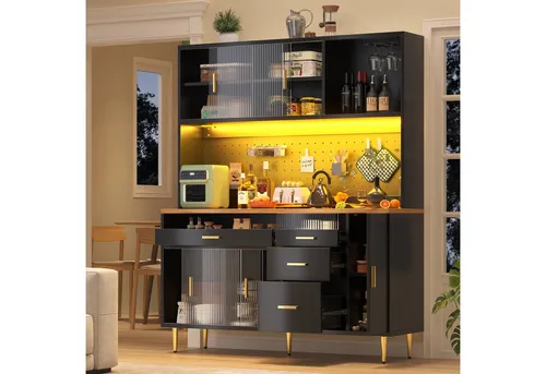Okwish Buffet Schwarz mit LED-Beleuchtung und Glastüren - Stylisches Buffet in Schwarz mit moderner Glasfront und flexibler Stauraumgestaltung. Ideal für Küche und Esszimmer, inklusive App-gesteuerter LED-Beleuchtung für individuelle Akzente.
