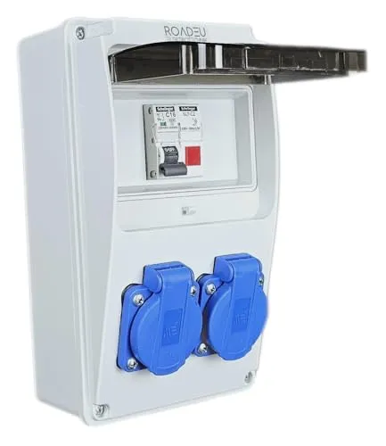 RoadEu Stromverteiler 230V mit 2x Schuko Steckdose - Wandsteckdosen mit Leuchtmelder und 1x C16A Leistungsschalter für erhöhte Sicherheit. Ideal für Indoor & Outdoor, anschlussfertig und einfach zu montieren.