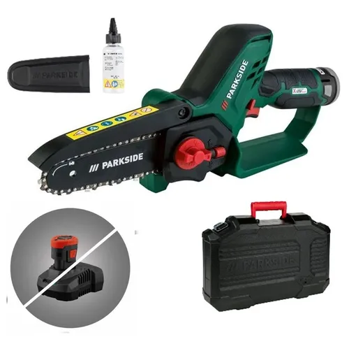 Parkside Akku-Kettensäge PGHSA 12 V - Akku-Einhand Kettensäge für präzises Schneiden von Gehölz, leicht und handlich für den bequemen Einsatz im Garten oder beim Holzarbeiten.