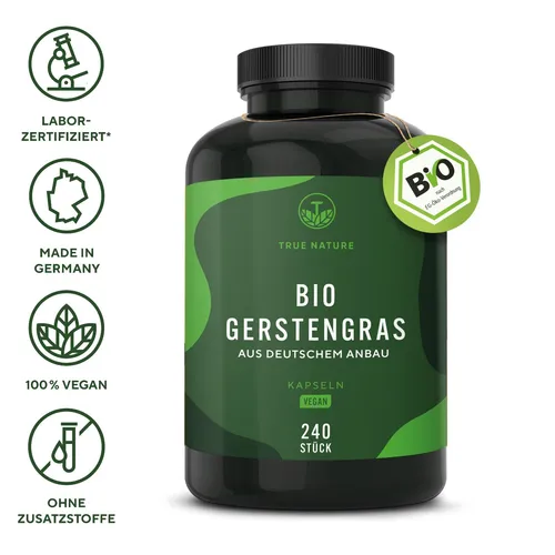 TRUE NATURE® Bio Gerstengras Kapseln - 240 Stück (500mg) - 240 vegane Kapseln mit hochwertigem Gerstengras aus deutschem Anbau. Ideal als nährstoffreiche Ergänzung für Ihre Ernährung, allergenfrei und ohne Konservierungsstoffe.