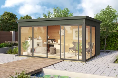 Gartenhaus Blockhaus Pultdach 44 mm Domeo 4 grün - Gartenhaus mit Pultdach, 44 mm Wandstärke und abschließbarem Design, ideal für Stauraum und Freizeitnutzung, mit 12.82 m² Nutzfläche und 5 Jahren Herstellergarantie.