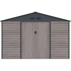 Gartenhaus ADELMO - 13,12 m² - Stahl in Holz-Optik - Grau - Geräteschuppen aus robustem Stahl mit stilvoller Holz-Optik, ideal für die sichere Aufbewahrung von Gartenmöbeln und Werkzeugen. Integrierte Lüftungsgitter und Fenster sorgen für optimale Belüftung und Tageslichteinfall.