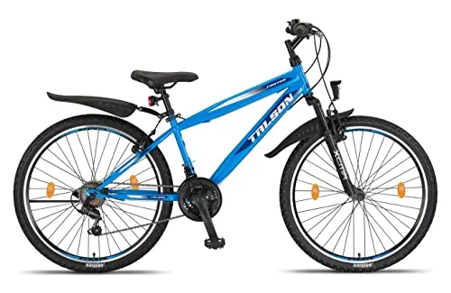 Talson 26 Zoll Mountainbike mit 21-Gang und Gabelfederung - Fahrrad mit Beleuchtung, ideal für Abenteuer und sicheres Fahren bei Dunkelheit.