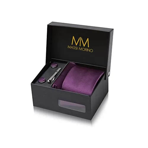 Massi Morino Krawatte Lila mit Einstecktuch Set - 5-in-1 Herren Krawattenset mit Krawatte, Einstecktuch, Manschettenknöpfen und Krawattennadel in edler Geschenkbox – ideal für Hochzeiten, Galas und Business-Events.