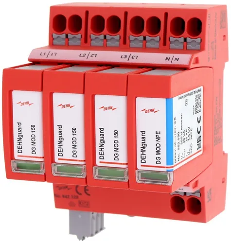 Dehn DG MP TT 150 FM Überspannungsableiter - Typ 2+3 Überspannungsschutz, modular und steckbar für einfachen Austausch, ideal für Niederspannungs-Verbraucheranlagen.