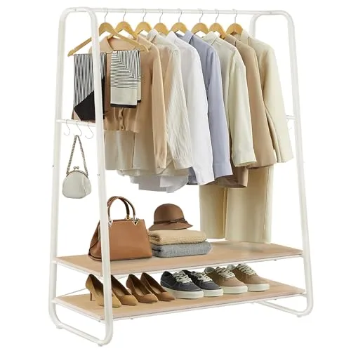 VASAGLE Kleiderständer mit 2 Ablagen und 6 Haken - Kleiderständer für Schlafzimmer und Flur, stabil und vielseitig einsetzbar mit modernem Eichen-weiß Design – ideal zur ordentlichen Organisation Ihrer Kleidung und Accessoires.