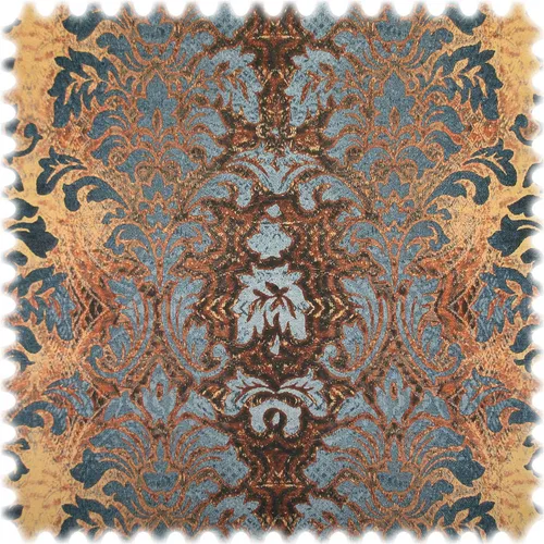 Samt Velours Möbelstoff Ornament Dubai Gold Blau - Meterware mit luxuriösem Arabeske Ornament Design, strapazierfähig und mit Fleckschutz für schmutz- und wasserabweisende Eigenschaften.
