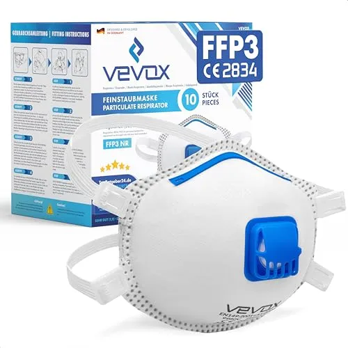 VEVOX FFP3 Filtrierende Halbmasken mit Ventil – 10er Set - Arbeits- & Schutzkleidung, effektiver Schutz gegen Feinstaub, Schimmel und Asbest mit komfortablem Membranventil für einfaches Atmen.