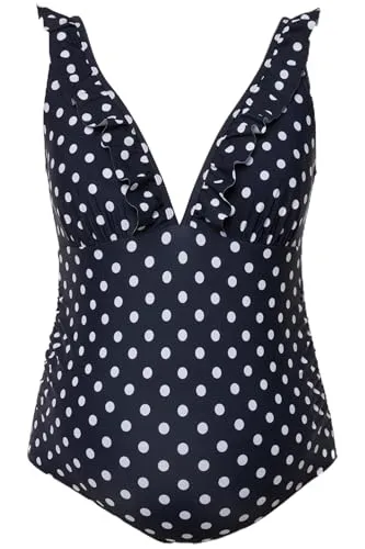 Ulla Popken Damen große Größen Übergrößen Plus Size Bellieva Badeanzug, Umstandsmode, Punkte, Rüsche am Ausschnitt Marine 56 825431130-56