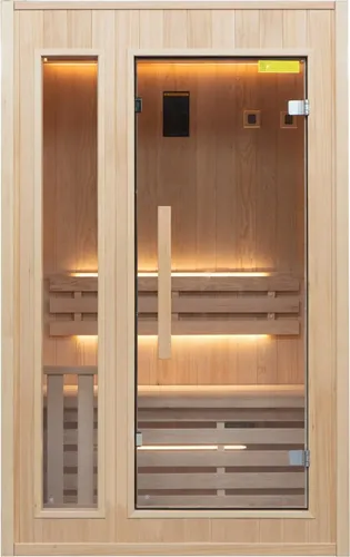 Saunakabine Finnische Traditionelle 2-Sitzer Komplettpaket Harvia 3,5 kW - Klassische Sauna für 2 Personen, einfach zu montieren und ideal für Innen- und Außenbereich. Genießen Sie entspannende Momente mit hochwertiger kanadischer Fichte und Harvia Heizung.