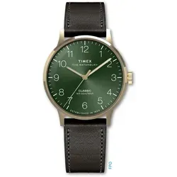 Timex Waterbury Classic 40mm Herrenuhr - Elegante Timex Waterbury Classic 40mm Herrenuhr mit goldfarbener Edelstahl-Optik und grünem Zifferblatt. Das braune Lederarmband sorgt für Stil und Komfort. Ideal für den täglichen Gebrauch und vielseitige Anlässe.