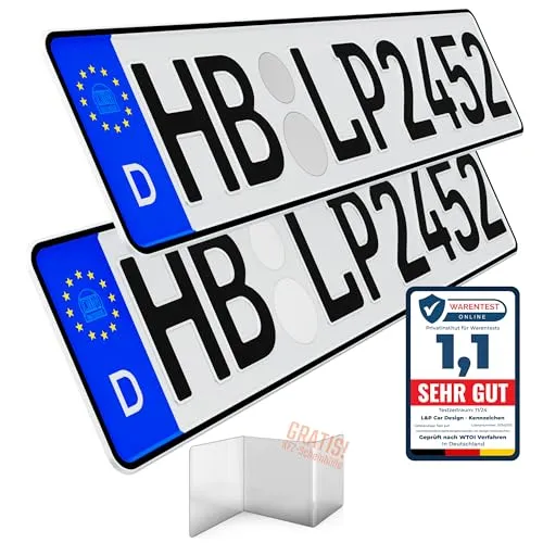 L & P Car Design KFZ Kennzeichen Auto Nummernschild 2 Stück 520mm x 110mm Wunschkennzeichen DIN Autokennzeichen Fahrradträger Anhänger LKW Wunschprägung amtliches Autoschild (2 Stück) 52cm x 11cm