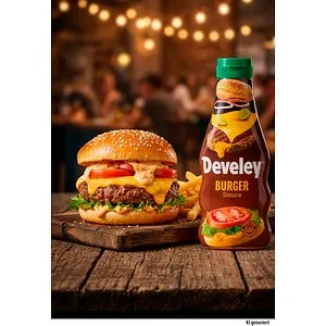 Develey Burgersauce 250 ml - Sonstige Speisen - Verfeinern Sie Ihre Burger mit der würzigen Develey Burgersauce, die Gurkenstückchen und milde Zwiebelnote bietet, ideal für Grills und Snacks.