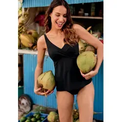 Bügel-Tankini-Top ROSA FAIA "Maily" in Schwarz - Bademode mit integriertem Bügel und verstellbaren Trägern für optimalen Halt und eine schmale Taille. Der tiefe V-Ausschnitt und Wickellook schmeicheln der Figur.