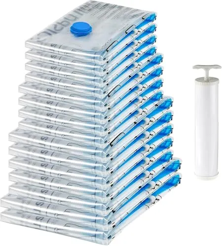 Amazon Basics Vakuumbeutel für Kleidung - 15er-Pack mit Handpumpe und luftdichtem Ventil - Praktisches Set aus 15 Vakuumbeuteln in verschiedenen Größen: Platzsparend und ideal zur Aufbewahrung von Kleidung und Bettwäsche. Robuste Materialien schützen vor Feuchtigkeit und Schmutz. Inklusive Handpumpe für einfache Nutzung.