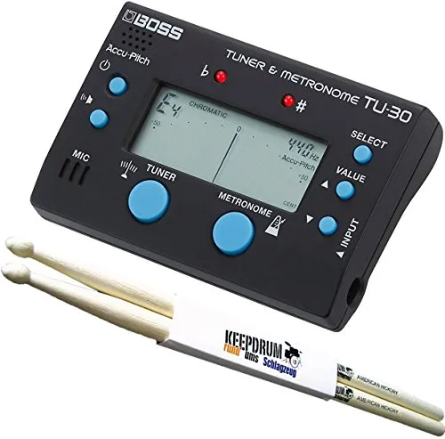 Boss TU-30 Stimmgerät und Metronom - Kombiniertes Stimmgerät und Metronom für Gitarre und Bass, mit eingebautem Mikrofon und Klinkeneingang. Ideal für präzises Stimmen und abwechslungsreiches Üben.