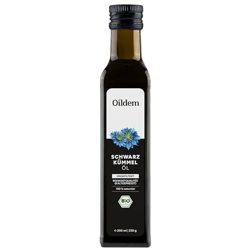 Oildem Bio Schwarzkümmelöl, Ungefiltert, 250ml - Speiseöl aus 100% reiner Nigella sativa, kaltgepresst und ungefiltert für maximale Nährstoffe. Ideal für gesundheitsbewusste Ernährung und hochwertige Küche.