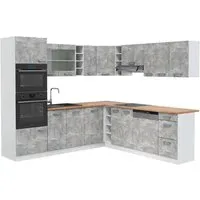 Vicco Winkelküche R-Line, Beton/Weiß, 237 x 247 cm - Küchenzeilen - L-Form Eckküche mit höhenverstellbaren Füßen für optimale Anpassung, modern und praktisch, perfekt für Ihr Zuhause.