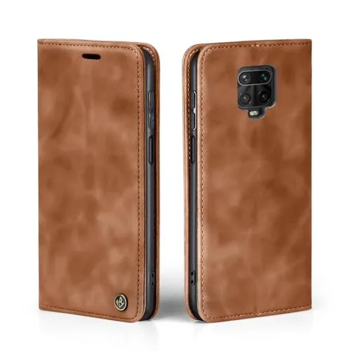 LBH Handyhülle für Xiaomi Redmi Note 9 Pro in Hellbraun mit Karten- und Geldfach Smartphone Hülle mit Standfunktion Flip Case Schutzhülle Magnetverschluss Vintage