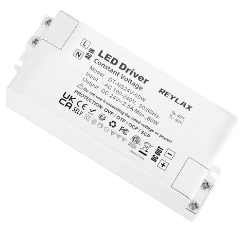 REYLAX LED Trafo 24V 60W, LED Treiber Netzteil 2.5A Trafo 230V auf 24V, Transformator 230V 24V, AC zu DC Schalt Niedervolttrafo, Konstantspannungs Driver für Led Lampen, Nicht Dimmbar