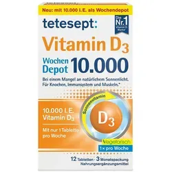 Tetesept Vitamin D3 10.000 Filmtabletten - Nahrungsergänzungsmittel für starke Knochen und ein gesundes Immunsystem, versorgt den Körper mit Vitamin D3 für eine Woche – nur 1 Tablette pro Woche nötig!