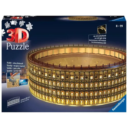Ravensburger 3D Puzzle Kolosseum bei Nacht, 216 Teile - 3D-Puzzle für Erwachsene, beleuchtet und mit EasyClick Technology für perfektes Puzzeln ohne Kleben. Erlebe das antike Kolosseum in deinem Zuhause!