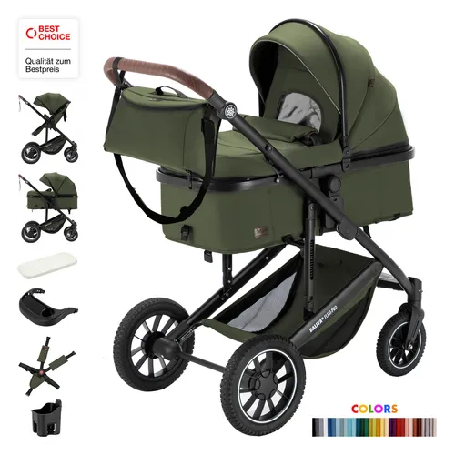 Daliya® Kombi-Kinderwagen FLEXI-PRO M 2in1 - Kinderwagen mit einhändig abnehmbarer Wanne, ideal für unterwegs. Ausgestattet mit Gummireifen, UV 50+ Schutz und einem umfangreichen 10-teiligem Set für maximalen Komfort.