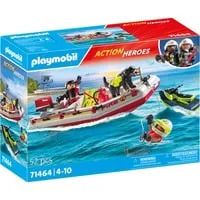 PLAYMOBIL Action Heroes 71464 Feuerwehrboot mit Aqua Scooter - aufregende Wasserrettung für Kinder, inklusive Taucherbrille und Schwimmflossen, robust und leicht zu reinigen