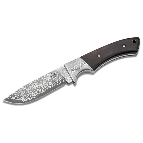 Böker Plus Universalmesser M-One Damast - Taschenmesser mit 9 cm Damastklinge und edlem Ebenholzgriff, inklusive brauner Lederscheide - ideal für Outdoor-Abenteuer und Sammler.