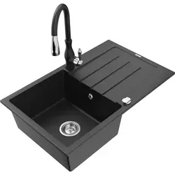 Mexen Bruno 1 Becken-Granitspüle mit Abtropffläche und Mischbatterie Savita, Schwarz/Silbermetallic - 6513-73-672601-70