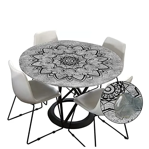 Morbuy Tischdecke Outdoor Rund 90 cm, Elastisch Rund Abwaschbar Tischdecken Wasserabweisend Lotuseffekt Garten Tischdecke Anthrazit Mandala Table Cloth, Ideal für 70cm-80cm
