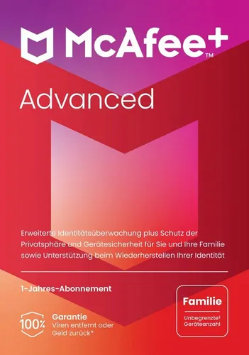 MCAFEE Virensoftware "McAfee+ Advanced - Familie", PC - Schützen Sie Ihre Familie mit McAfee+ Advanced: Umfassender Datenschutz für alle Geräte, inklusive Kindersicherung und Identitätsüberwachung. Genießen Sie ein sicheres Online-Erlebnis ohne Sorgen.