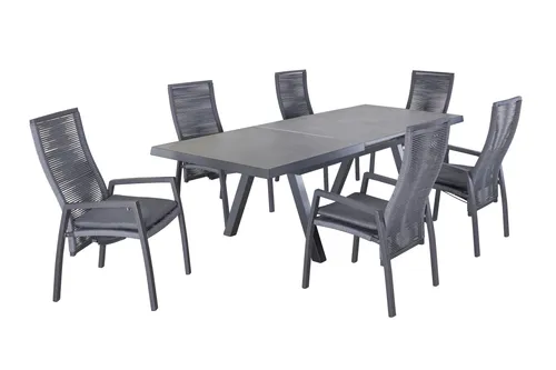 LC Garden »Diwo« 7tlg. Gartenset anthrazit mit Ausziehtisch und 6 Stühlen - Elegantes 7tlg. Gartenset in anthrazit mit einem Ausziehtisch (200/260x100cm) aus Aluminium und Keramik sowie 6 komfortablen Rope-Stühlen. Ideal für gesellige Runden im Freien, pflegeleicht und robust.