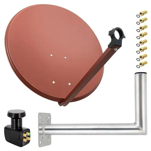 Premium X Satelliten-Komplettanlage 80cm - Ziegelrot - Komplettset für 4-Teilnehmer mit 80 cm Sat-Antenne, wasserdichtem Quad LNB und pulverbeschichteter Wandhalterung für besten Empfang in 4K Ultra HD.