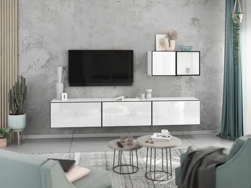 Wohnwand VARIANTO 5 Schrank Set, 228 cm, in Weiß Matt und Hochglanz - Moderne 5-teilige Wohnwand für Unterhaltungselektronik, flexibel montierbar. Mit 3 Klappenschränken und 1 Regal bietet sie viel Stauraum und passt ideal in jedes Wohnzimmer.