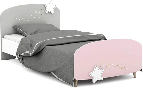 Kinderbett #440 Himmelssterne 90 x 190 cm - Betten & Bettgestelle: Sanft gerundete Formen und ein bezauberndes Himmelssterne-Design in Rosa, Grau und Weiß für einen gemütlichen Schlafplatz.