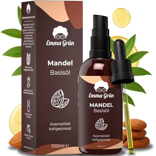 Emma Grün® Bio Mandelöl Kaltgepresst 100ml [100% REIN] - Hochwertiges Mandel Öl für Haut, Haare & Babypflege - Clean Almond Oil - Mandel Kosmetiköl für Haarspitzen & Massage - Kaltgepresstes Basisöl