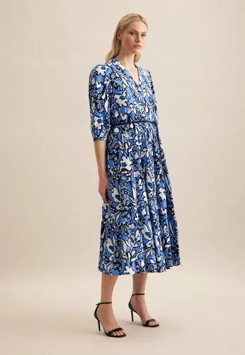Sommerkleid "Schwarze Rose" - Elegantes 7/8-Arm V-Neck Kleid in Blau, Gr. L (40) - Sommerkleider: Hochwertiges Baumwollmischgewebe mit elegantem Druck-Muster für stilvolle Outfits. Bequemer, legerer Schnitt für optimalen Tragekomfort.
