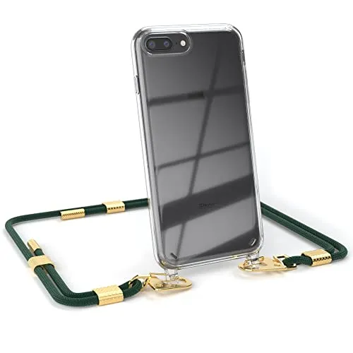EAZY CASE - Handykette mit Karabiner kompatibel mit iPhone 8 Plus - Hülle Silikonhülle Fallschutz transparente Handyhülle Kette zum Umhängen Schutzhülle in Pinien Grün - Clips Gold
