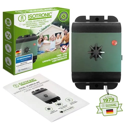 ISOTRONIC Vogelabwehr mit Ultraschall | Effektiver Vogelschreck für Gärten und Balkone - Vogelabwehr, die effektiv Tauben, Möwen und Raben vertreibt ohne sie zu schädigen. Ideal für Gärten, Plantagen und Balkone mit einem Wirkungsbereich von 40 m².