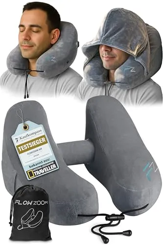 FLOWZOOM Nackenhörnchen AIR - Aufblasbares Nackenkissen für Flugreisen, ergonomisch geformt und waschbarer Bezug in Grau
