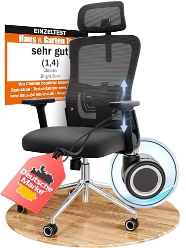CLOUVOU BrightSeat Bürostuhl Ergonomisch [TESTSIEGER] - Bürostuhl bis 150 kg, individuell einstellbar mit innovativer 2D Gaming Chair Armlehne für höchsten Komfort und Rückenschutz – ideal für Büro und Home Office.