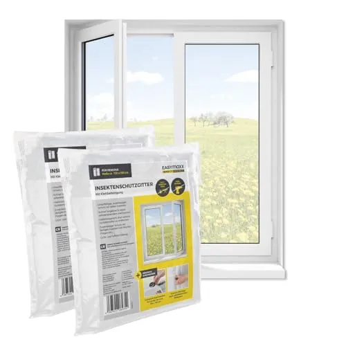 EASYmaxx Fliegengitter Fenster | Moskitonetz, Montage ohne Bohren | zuschneidbarer Insektenschutz Fenster bis 110 x 130 cm | Mückenschutz | Fliegennetz Klettband selbstklebend [2 Stück]