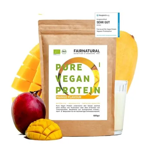 FAIRNATURAL® Bio Veganes Proteinpulver Mango [600G] - Laktosefrei & Regional - Erbsenproteine: 100% natürliches veganes Proteinpulver ohne Süßstoffe, ideal für Muskelaufbau und Low Carb Diäten. Nachhaltig in Deutschland hergestellt, mit erfrischendem Mango-Geschmack.