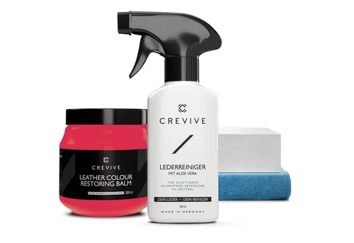 CREVIVE Lederpflegeset 4-teilig - Das CREVIVE Lederpflegeset beinhaltet alles für die gründliche Lederreinigung und -pflege. Mit 300 ml Lederbalsam und 250 ml Lederreiniger bleibt Ihr Leder lange schön und gepflegt. Ideal für Möbel und Fahrzeuge.